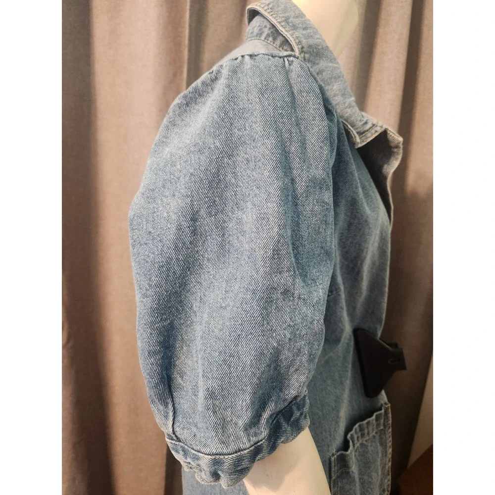 Vtg Velvet Heart 100% Cotton Denim Button Up Dress Puff Sleeve Pockets Y2k  S/M - Picture 7 of 13